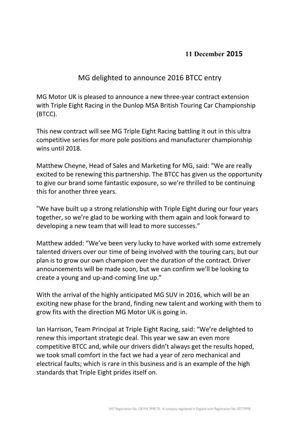 11 December 2015 MG Delighted to Announce 2016 BTCC Entry