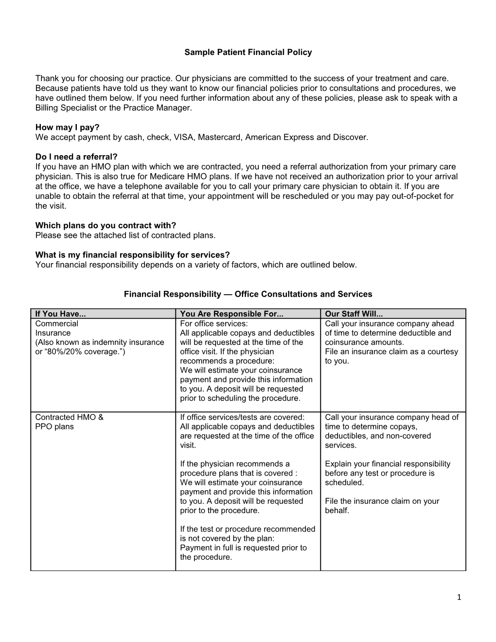 Sample Patient Financial Policy