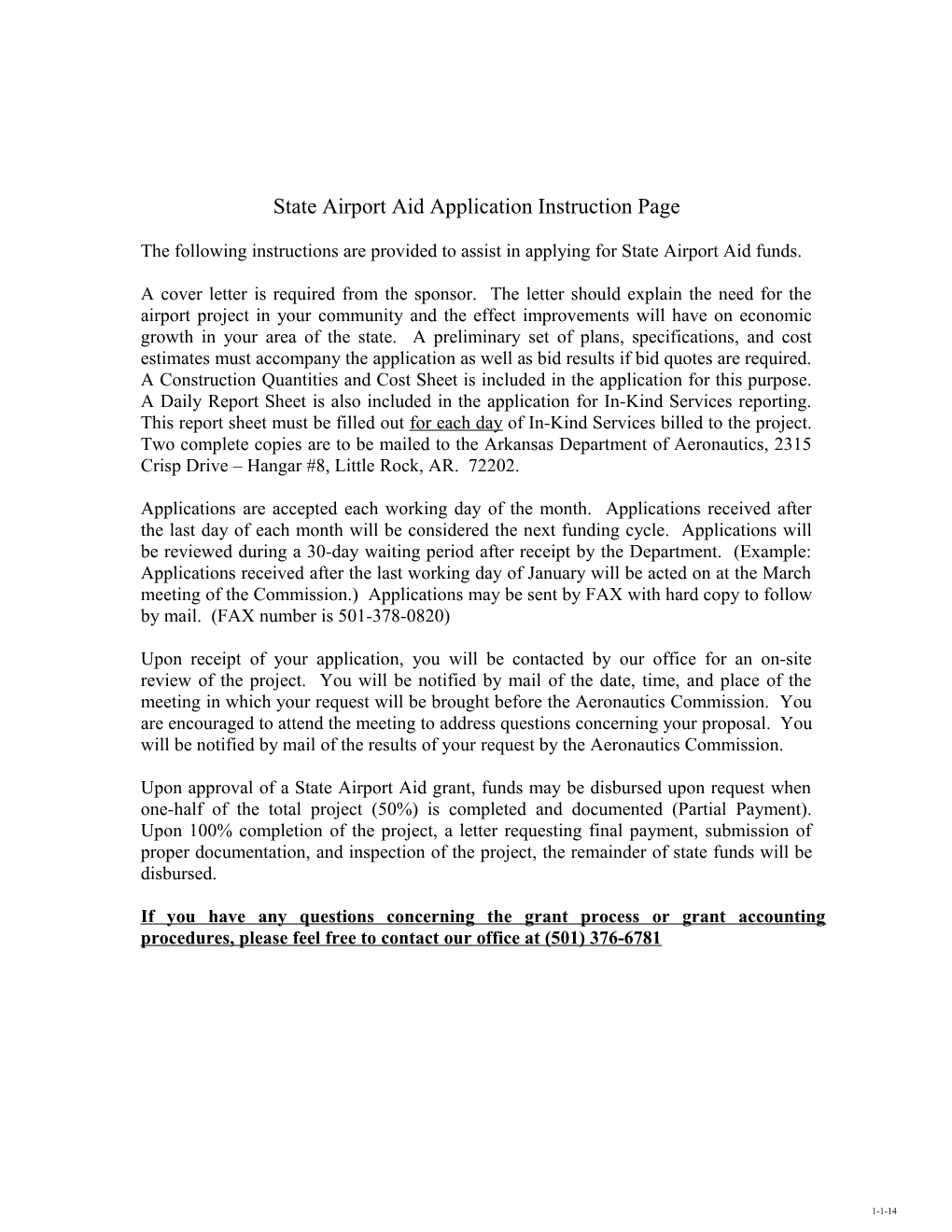 State Airport Aid Application Instruction Page