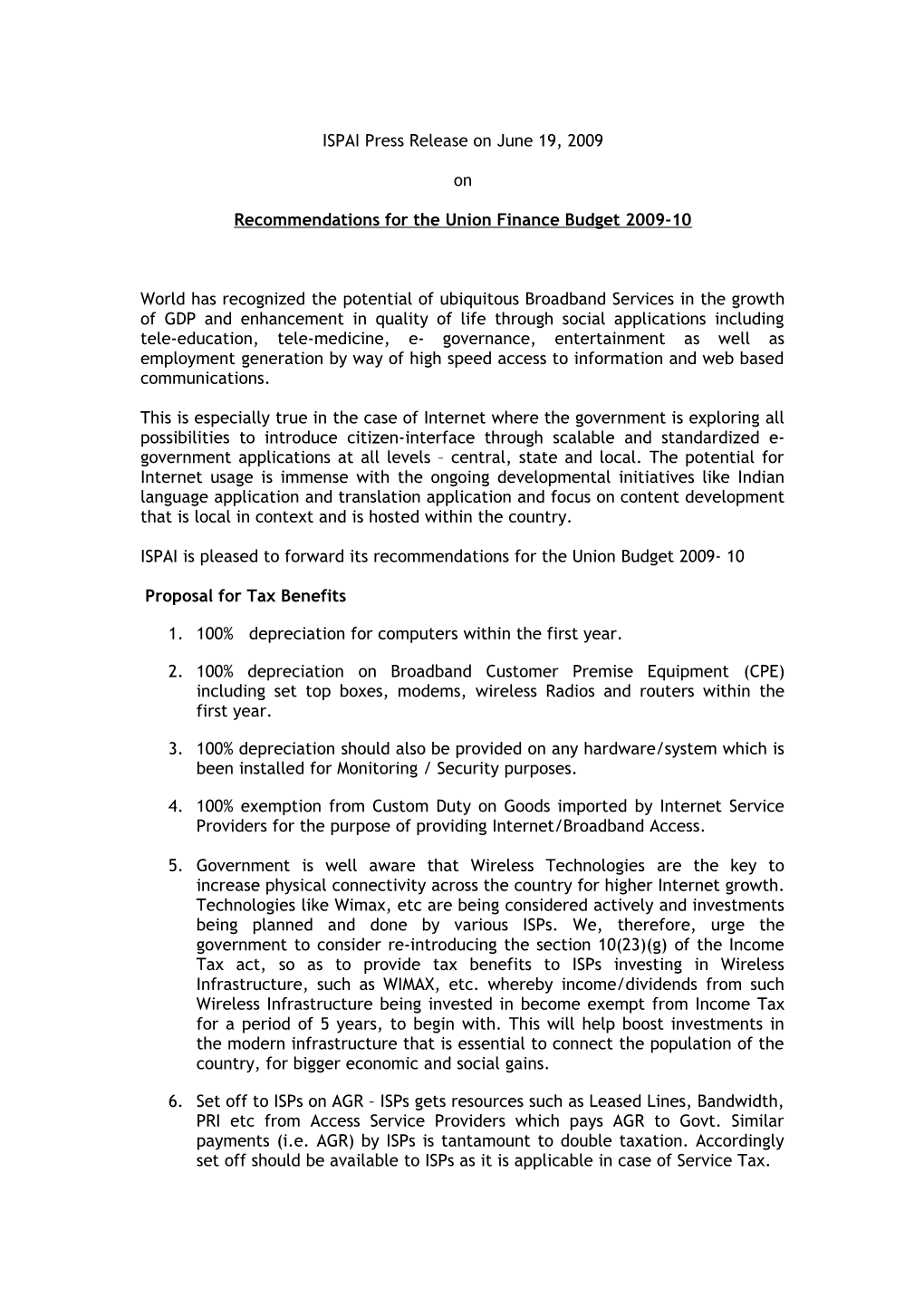 Recommendations for the Union Finance Budget 2009-10