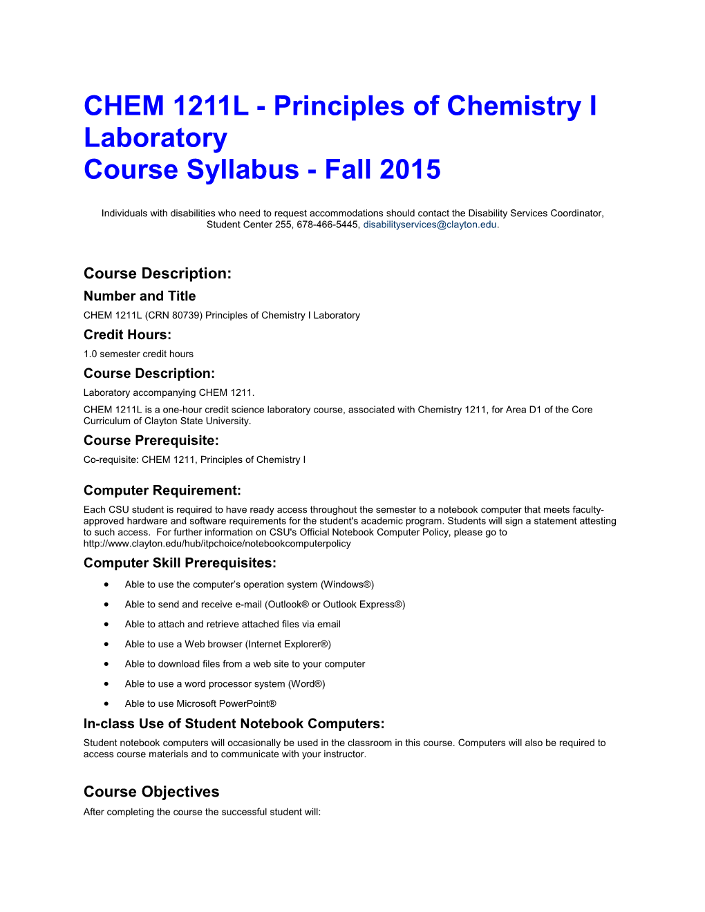 CHEM 1211L - Principles of Chemistry I Laboratory Course Syllabus - Fall 2015