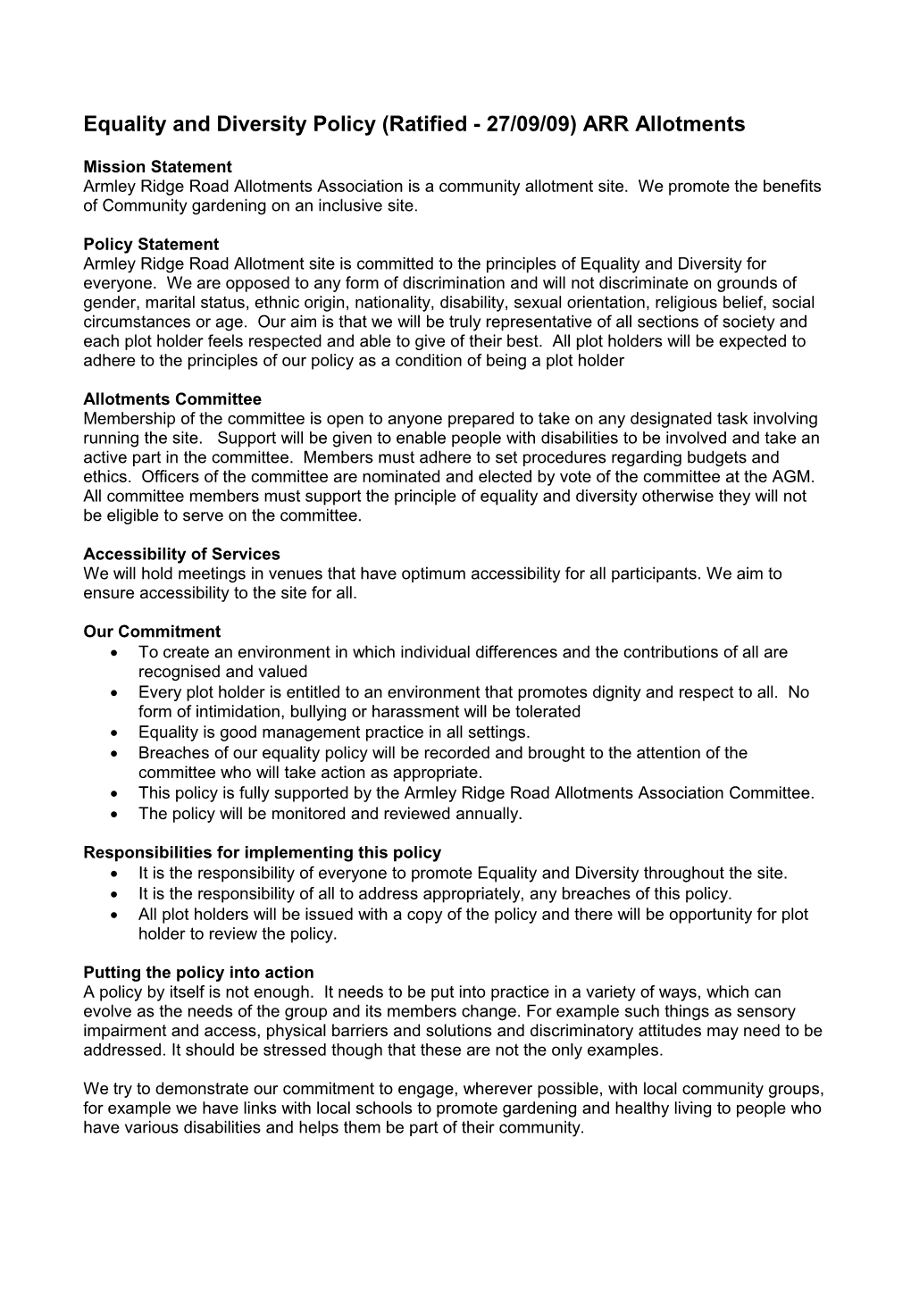 Equality and Diversity Policy (Ratified - 27/09/09) ARR Allotments