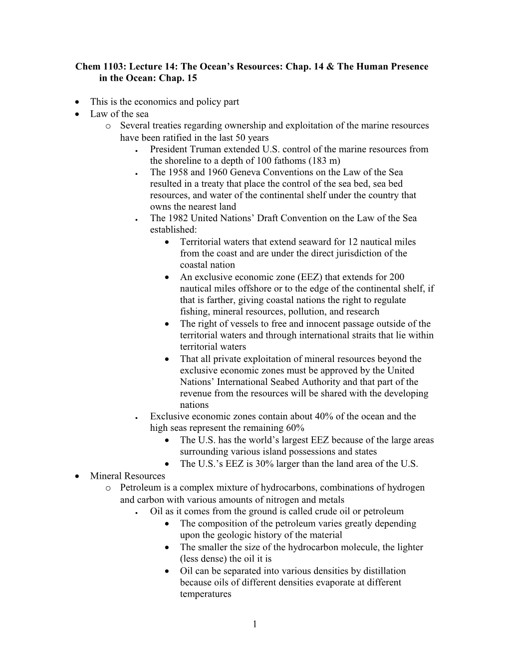 Chem 1103: Lecture 14: the Ocean S Resources: Chap. 14 & the Human Presence in the Ocean