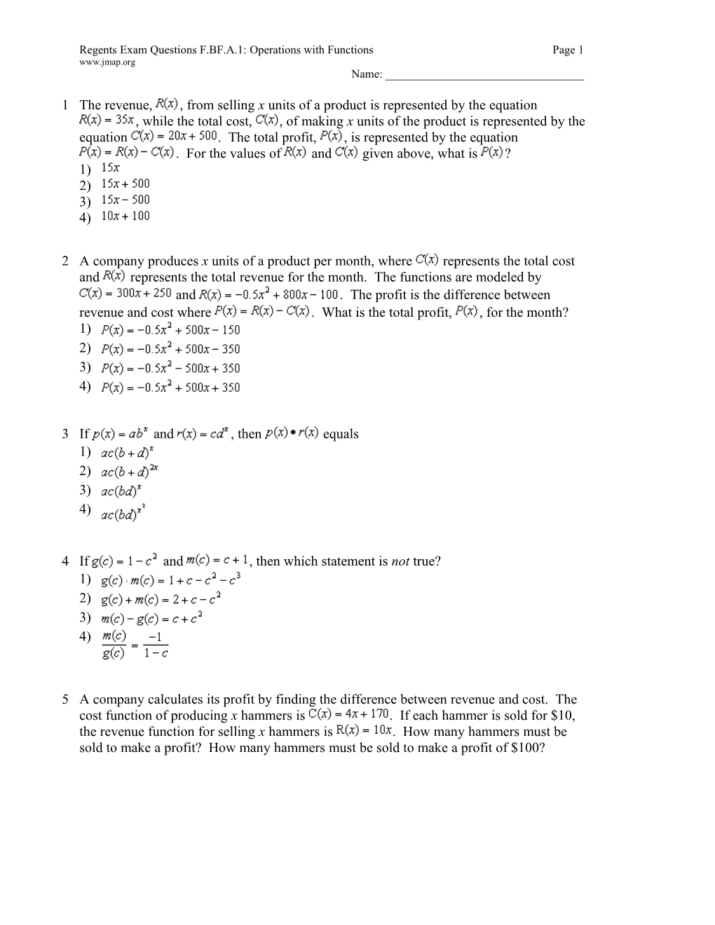 Regents Exam Questions F.BF.A.1: Operations with Functions Page 1