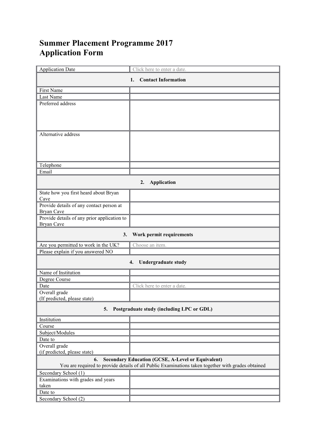 Summer Placement Programme 2017 Application Form