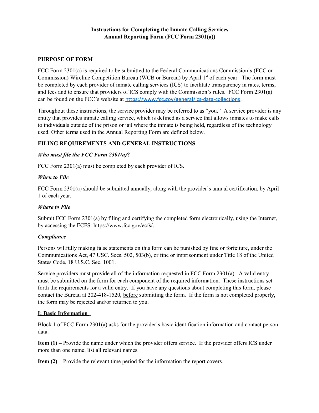 Instructions for Completing the Inmate Calling Services Annual Reporting Form (FCC Form