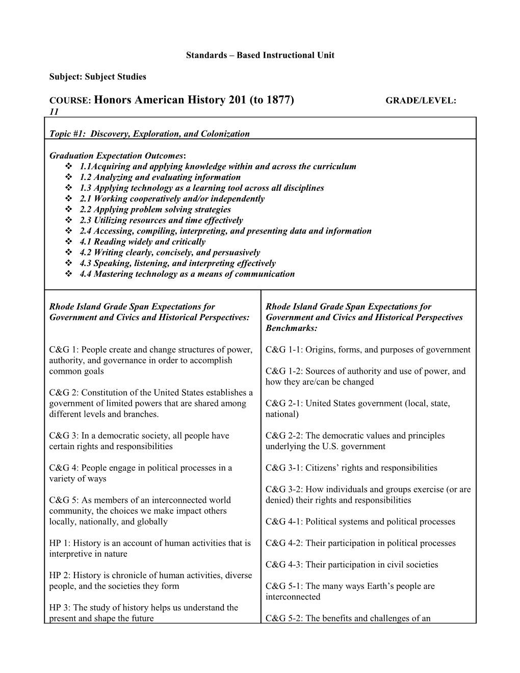 Standards – Based Instructional Unit