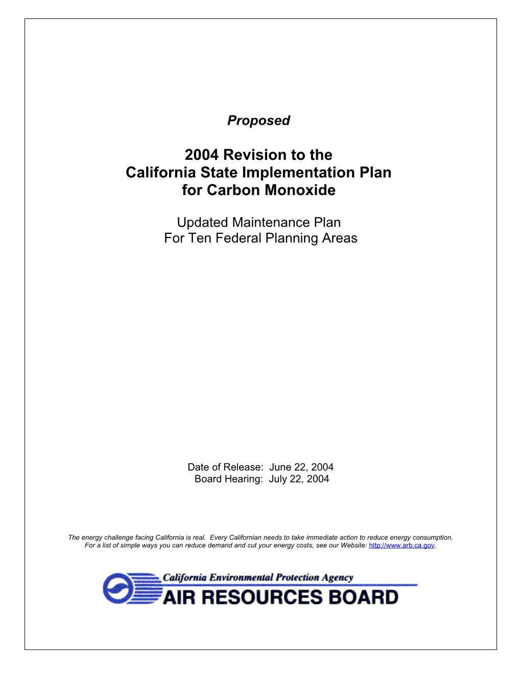 2004 CO Maintenance Plan Update for 10 Planning Areas in California