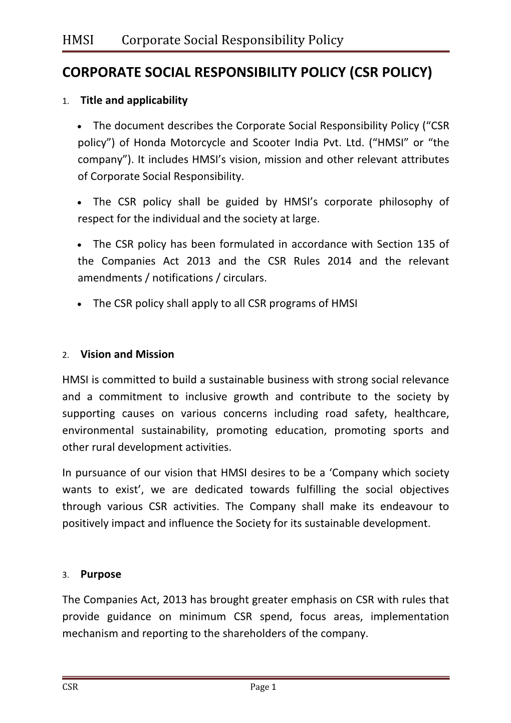 Corporate Social Responsibility Policy (Csr Policy)