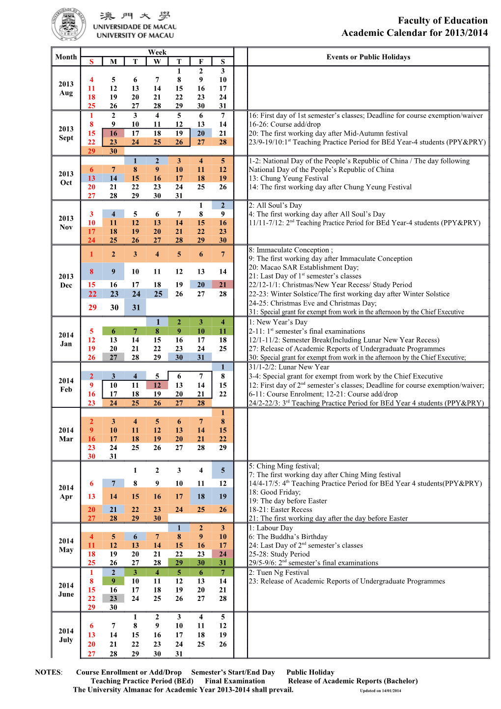 The University Almanac for Academic Year 2013-2014 Shall Prevail. Updated on 14/01/2014