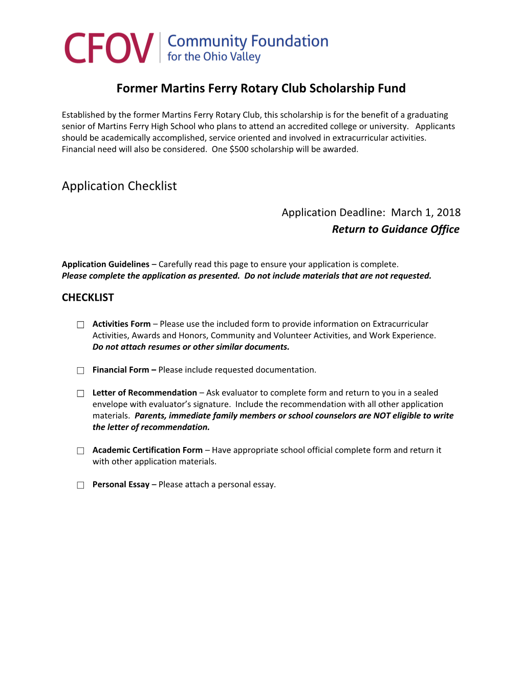 Former Martins Ferry Rotary Club Scholarship Fund
