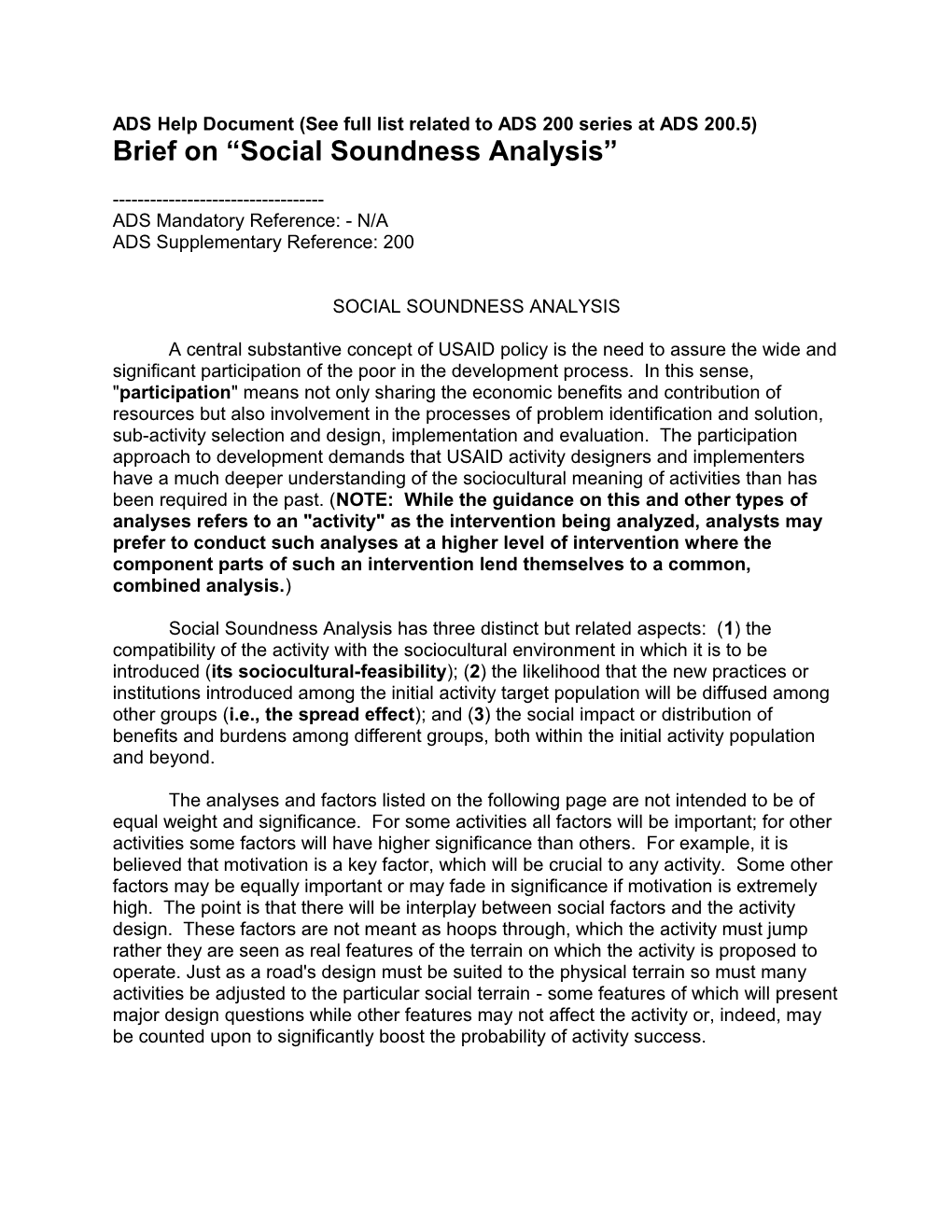 ADS 202 Supplementary Reference: SOCIAL SOUNDNESS ANALYSIS