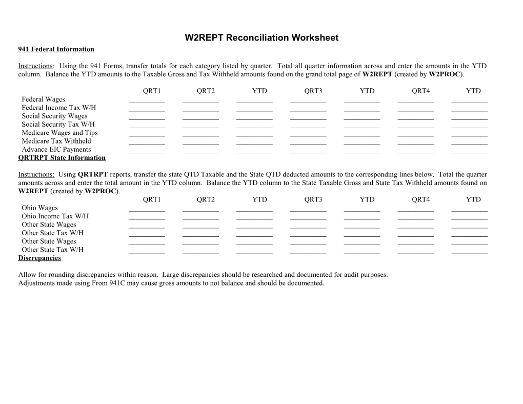 W2REPT Reconciliation Worksheet
