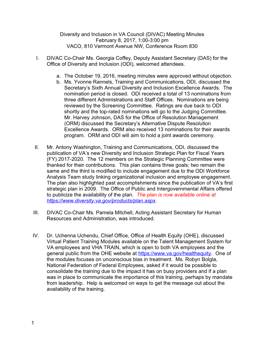 Diversity and Inclusion in VA Council (DIVAC) Meeting Minutes s1
