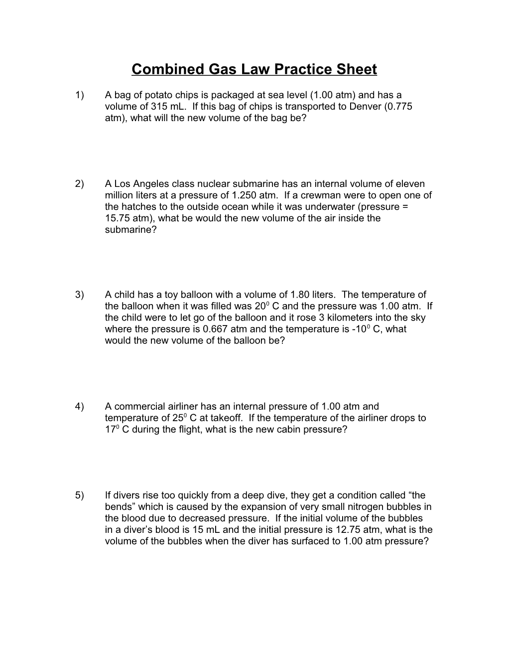Combined Gas Law Practice Sheet
