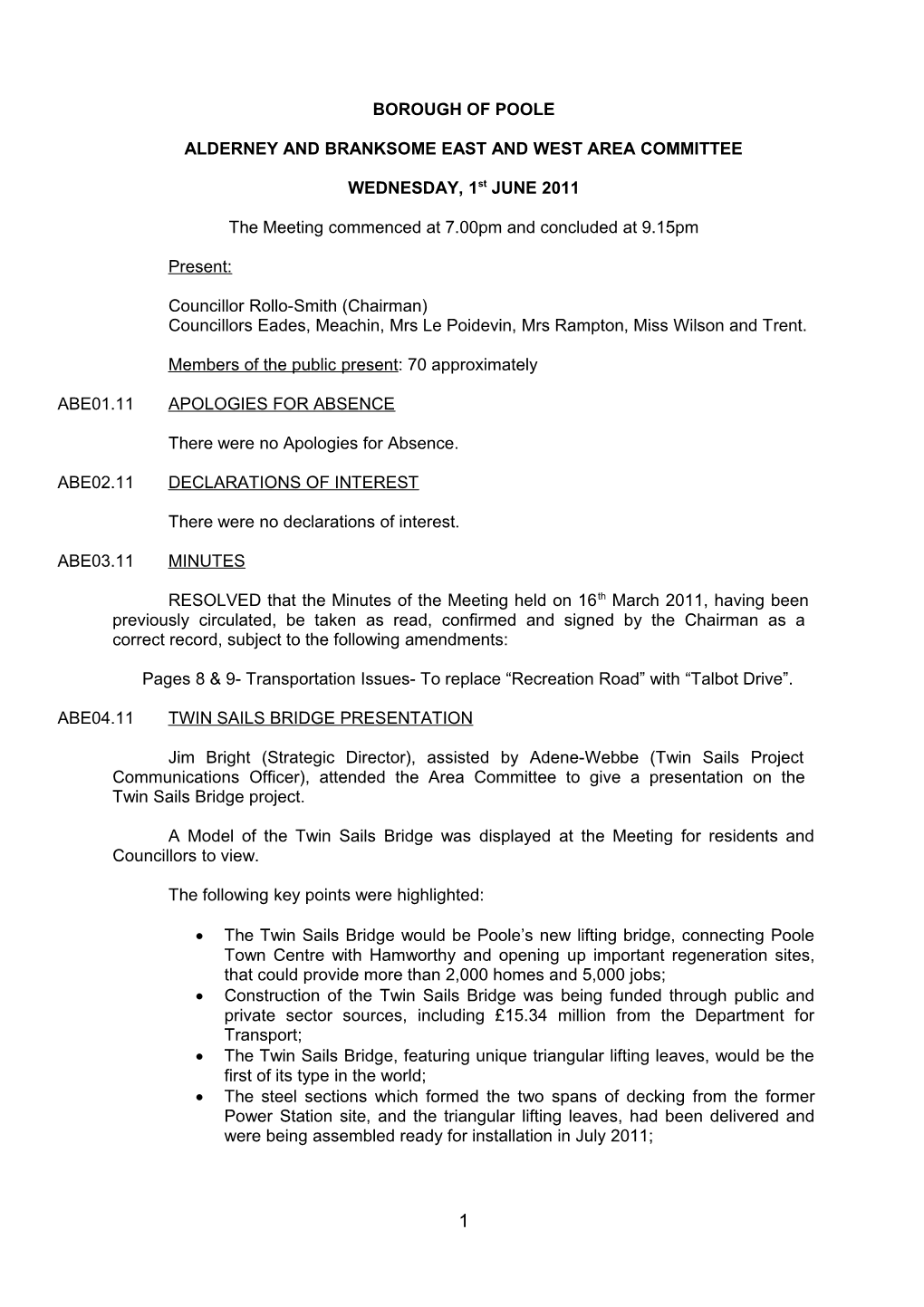Minutes Alderney Branksome East West Area Committee