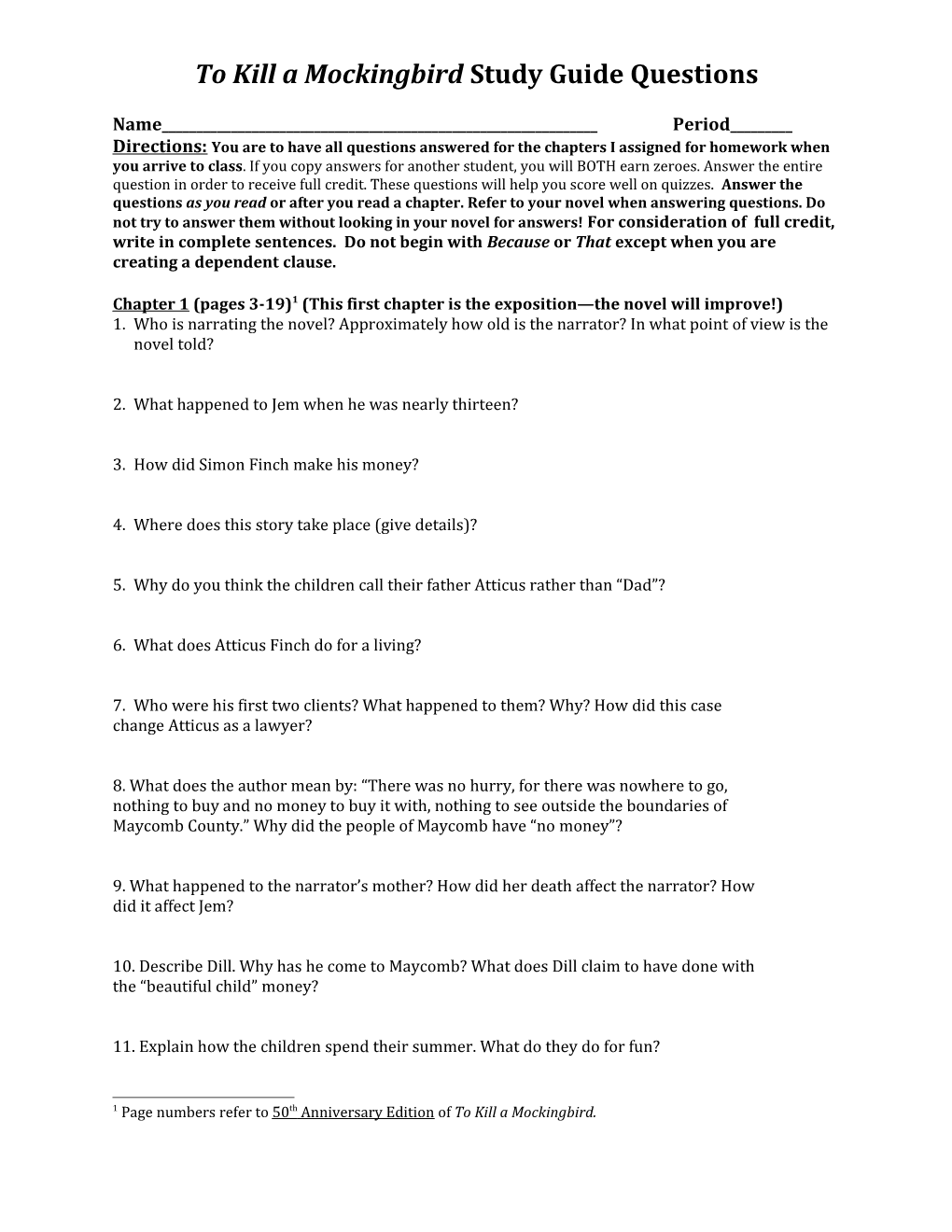 To Kill a Mockingbird Study Guide Questions s1