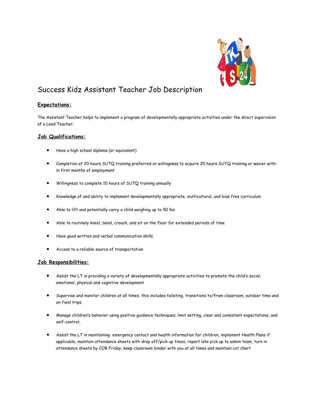 Success Kidz Assistant Teacher Job Description