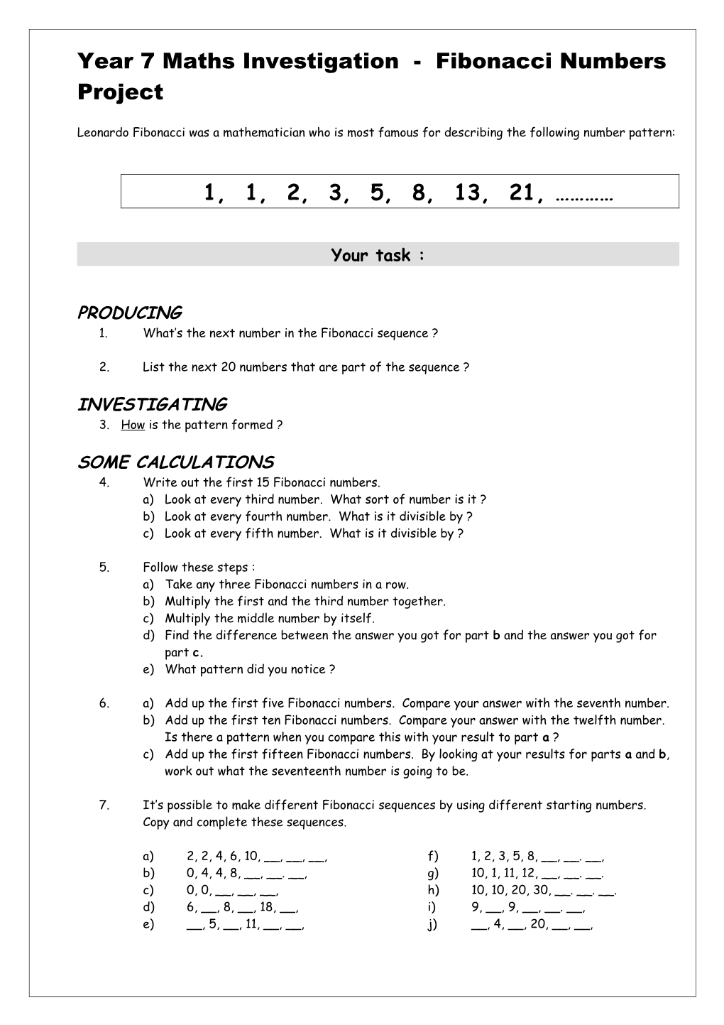 Year 7 Maths Investigation - Fibonacci Numbers Project
