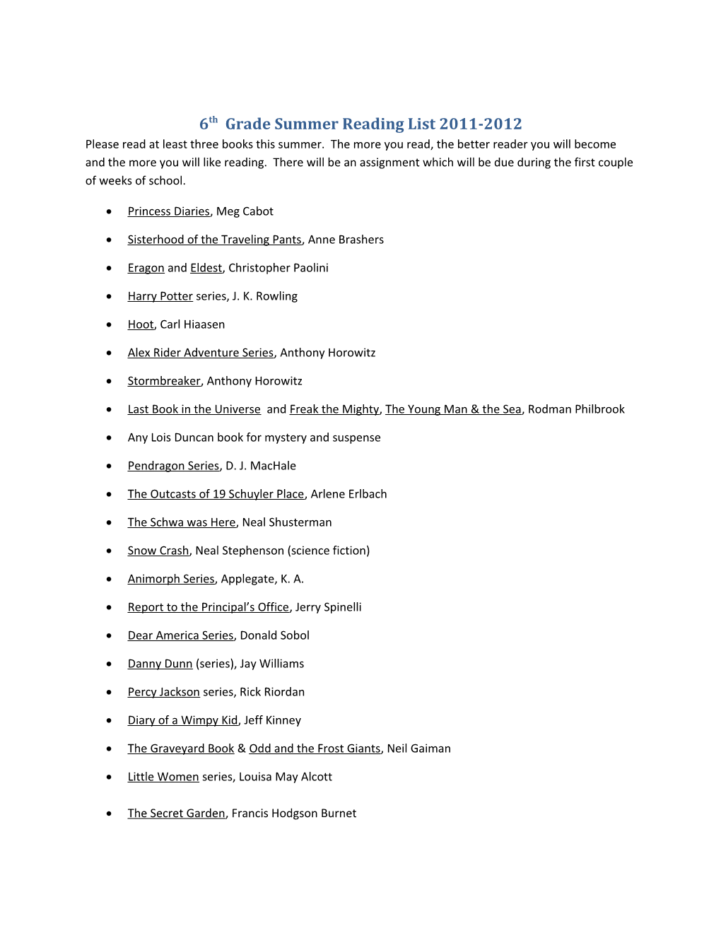 6Th Grade Summer Reading List 2011-2012