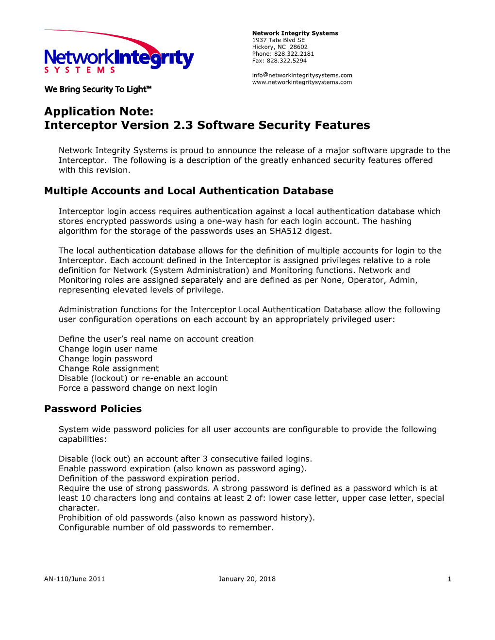 Interceptor Version 2.3 Software Security Features