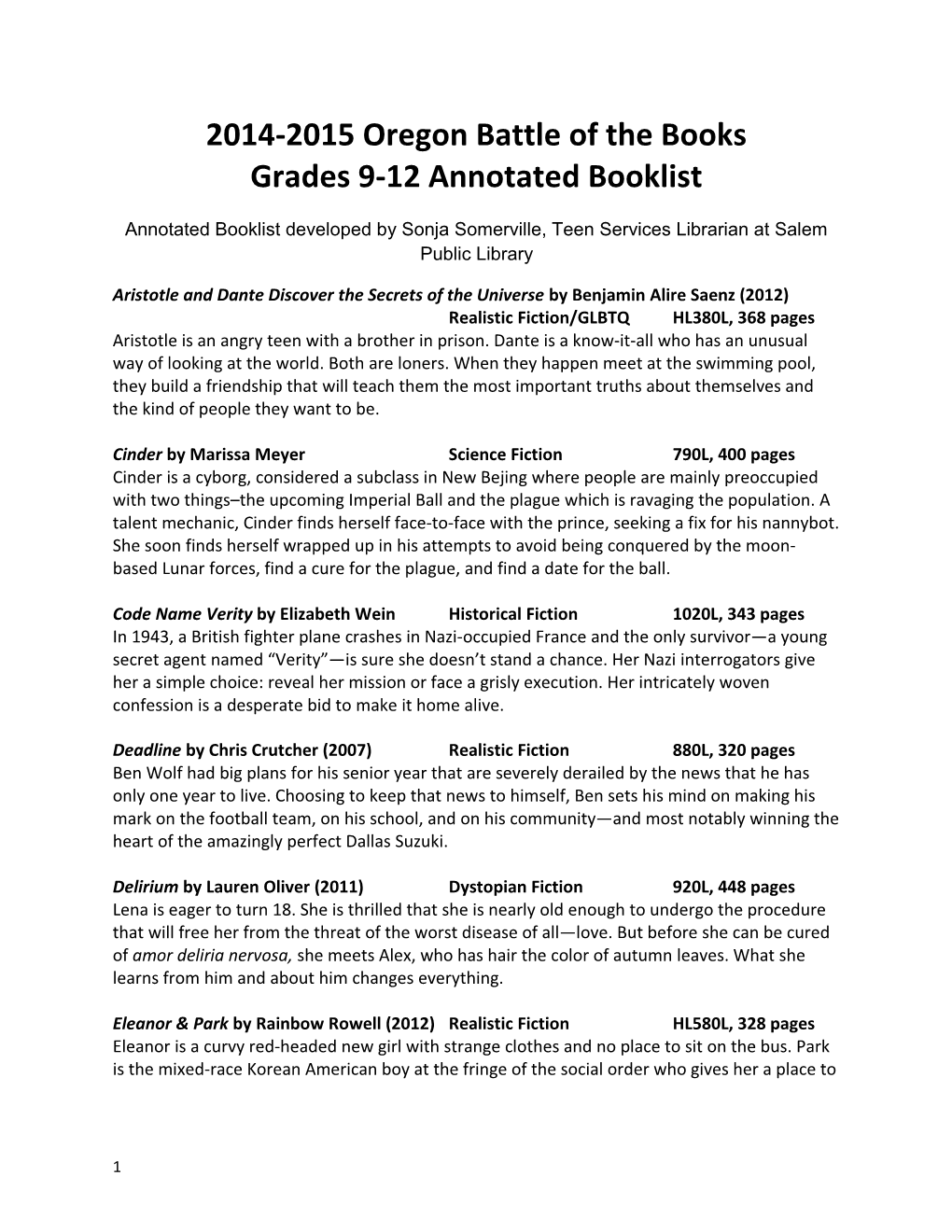 2014-2015 Oregon Battle of the Books