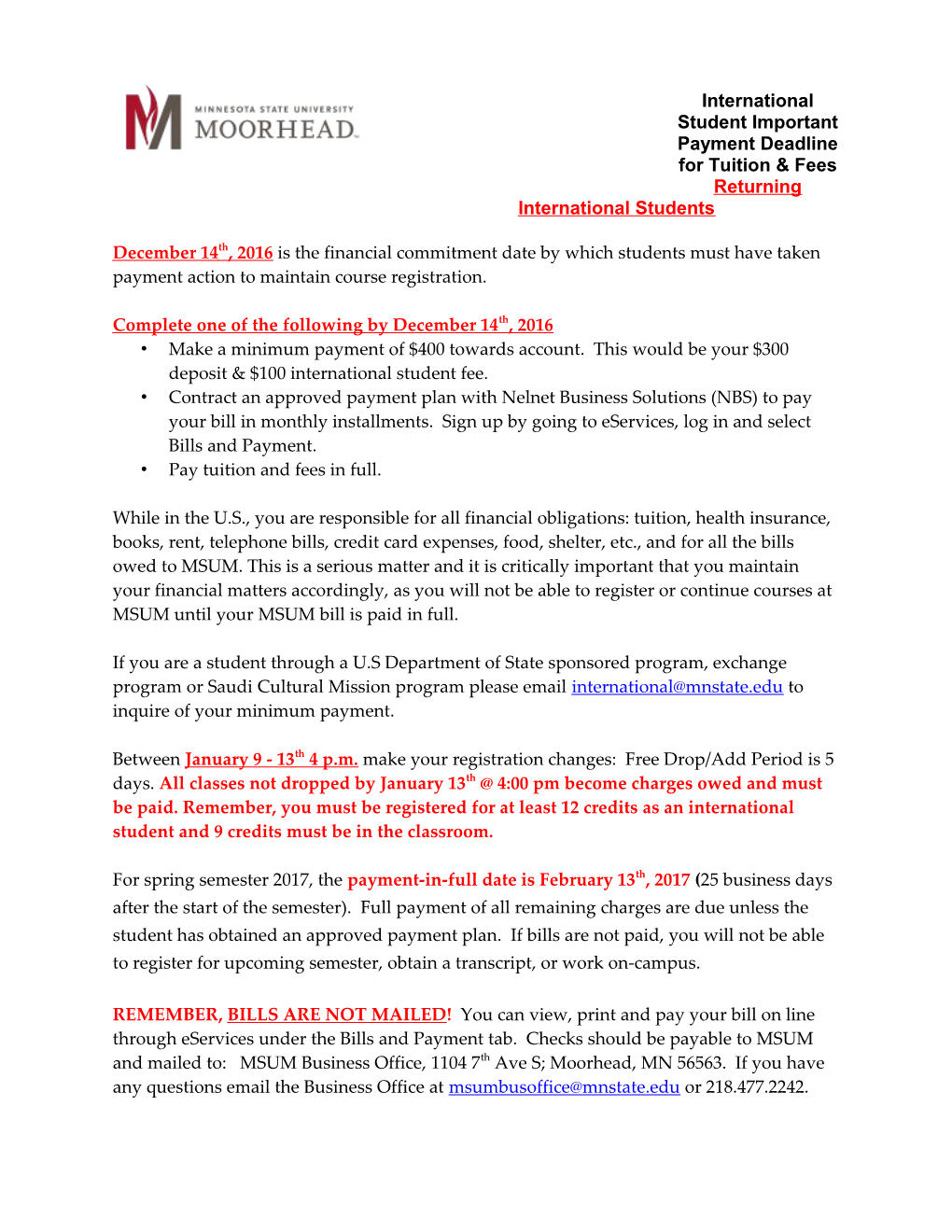 International Student Important Payment Deadline for Tuition & Fees Returning International