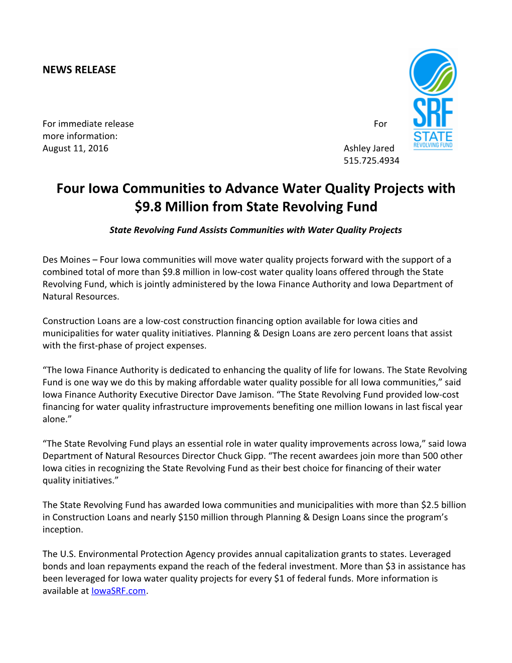 Fouriowa Communities to Advance Water Quality Projects with $9.8 Million Fromstate Revolving