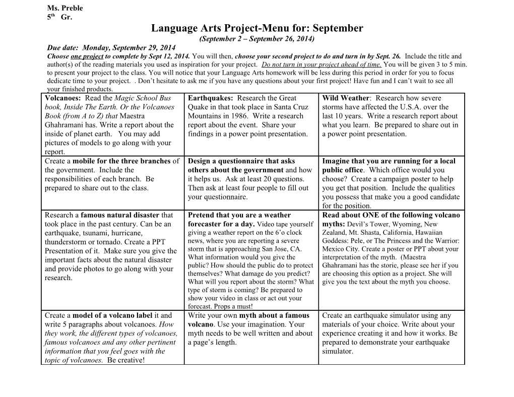 Language Arts Project-Menu For: September