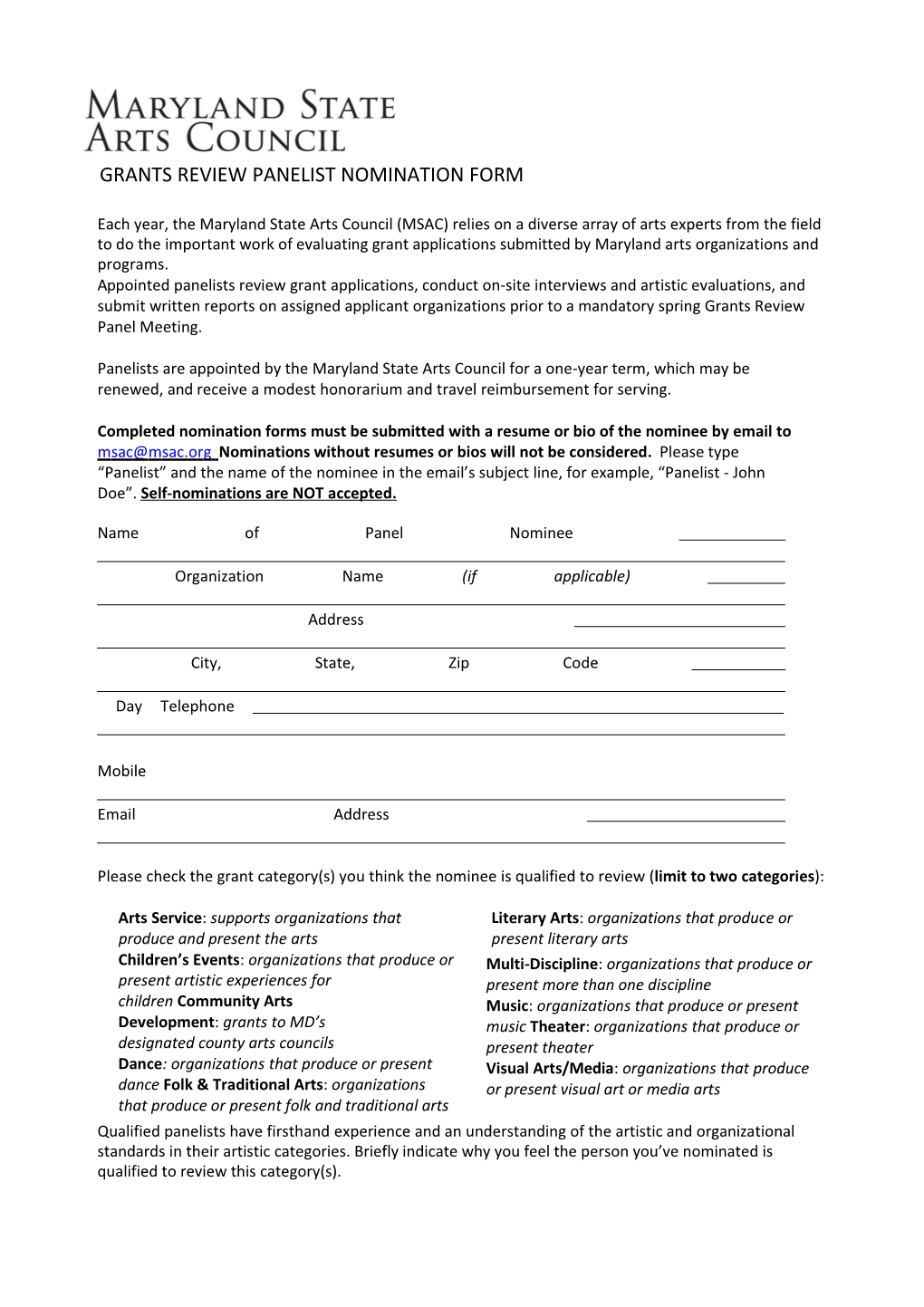 Panel Nomination Form