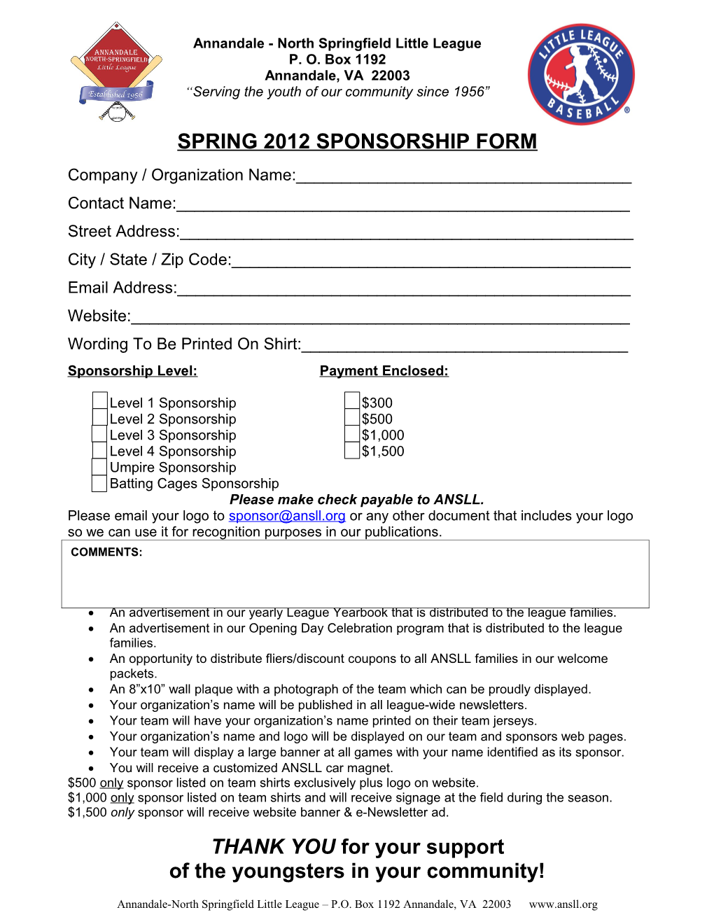 Spring 2012 Sponsorship Form