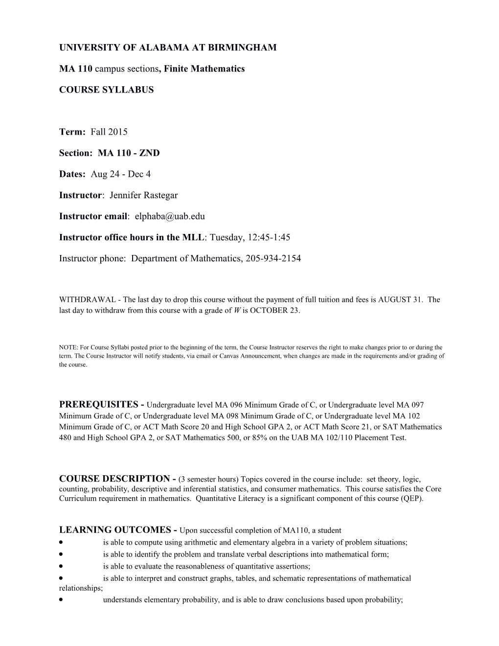 MA 110 Campus Sections, Finite Mathematics