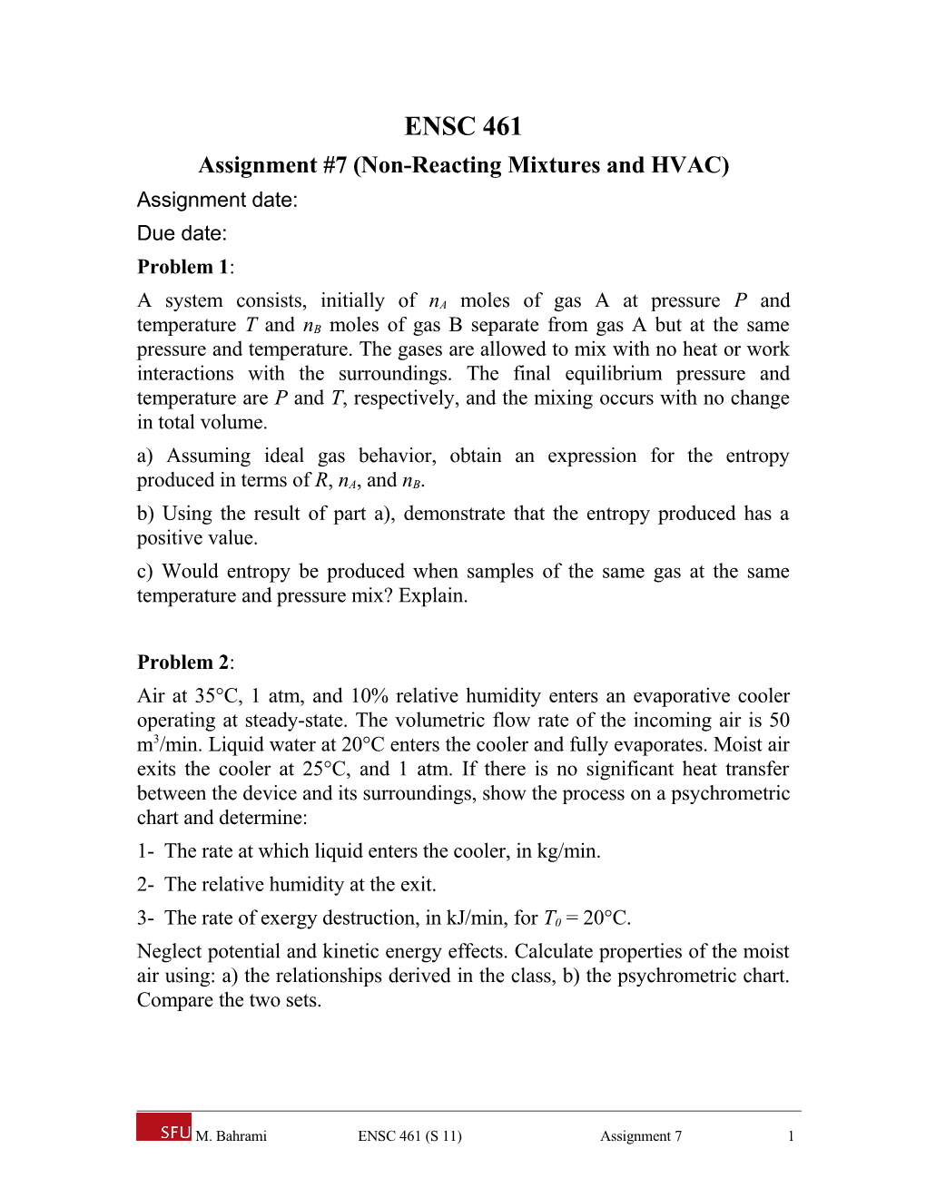Assignment #7(Non-Reacting Mixtures and HVAC)