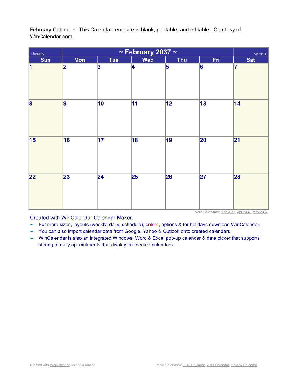 February Calendar. This Calendar Template Is Blank, Printable, and Editable. Courtesy Of