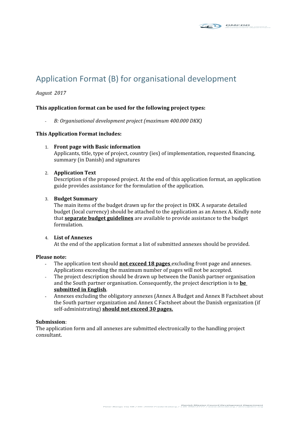 Application Format (B) for Organisationaldevelopment