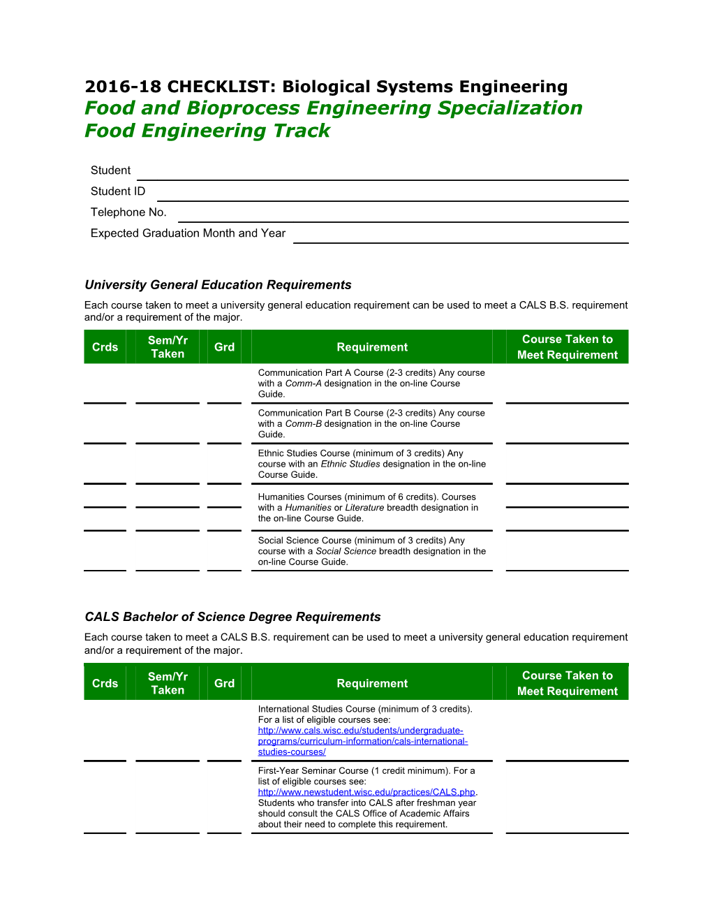 2016-18 CHECKLIST: Biological Systems Engineering