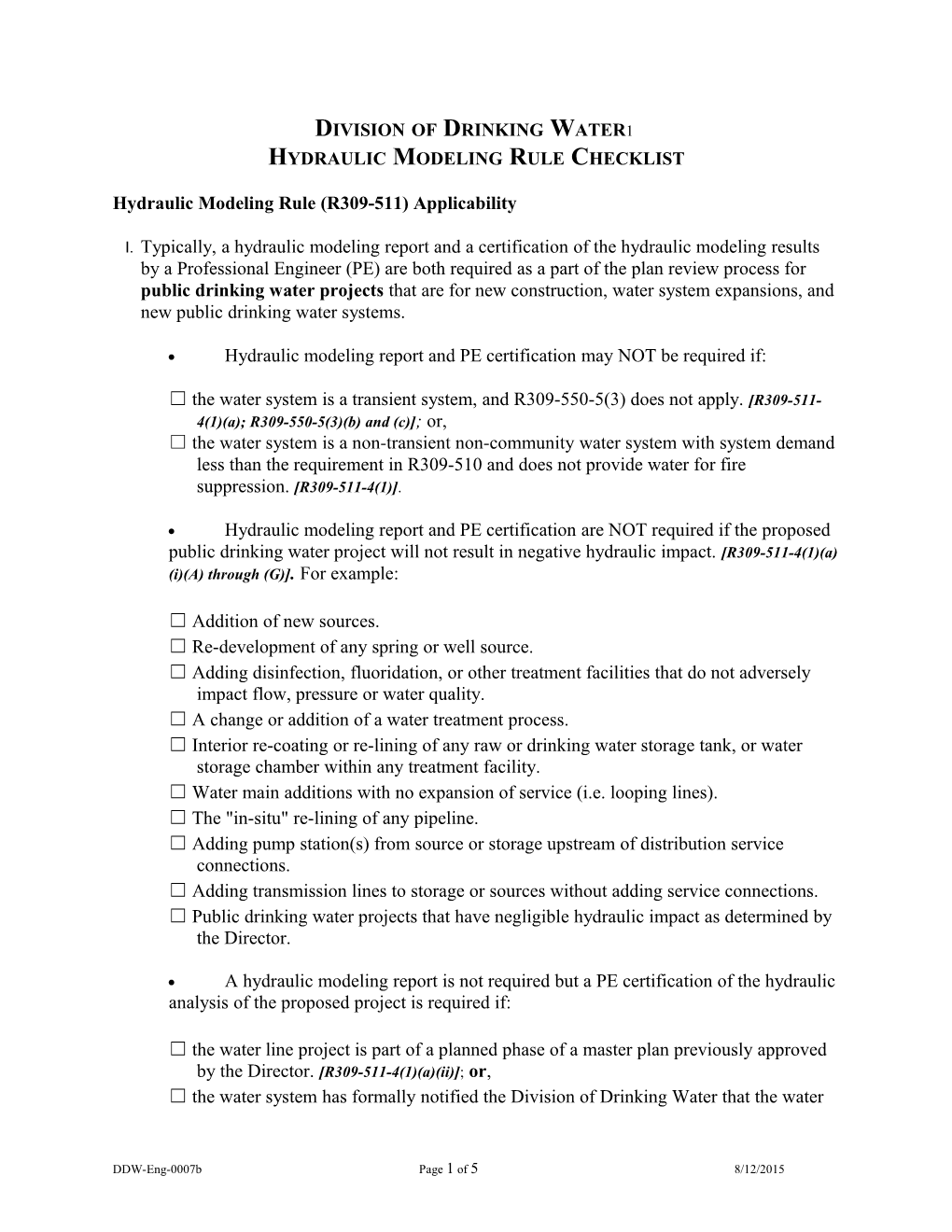 Hydraulic Modeling Rule (R309-511) Applicability