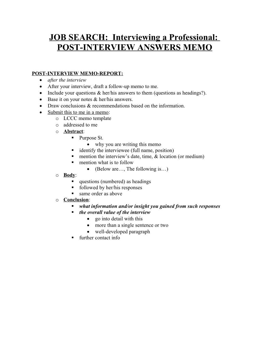 JOB SEARCH: Interviewing a Professional: POST-INTERVIEW MEMO