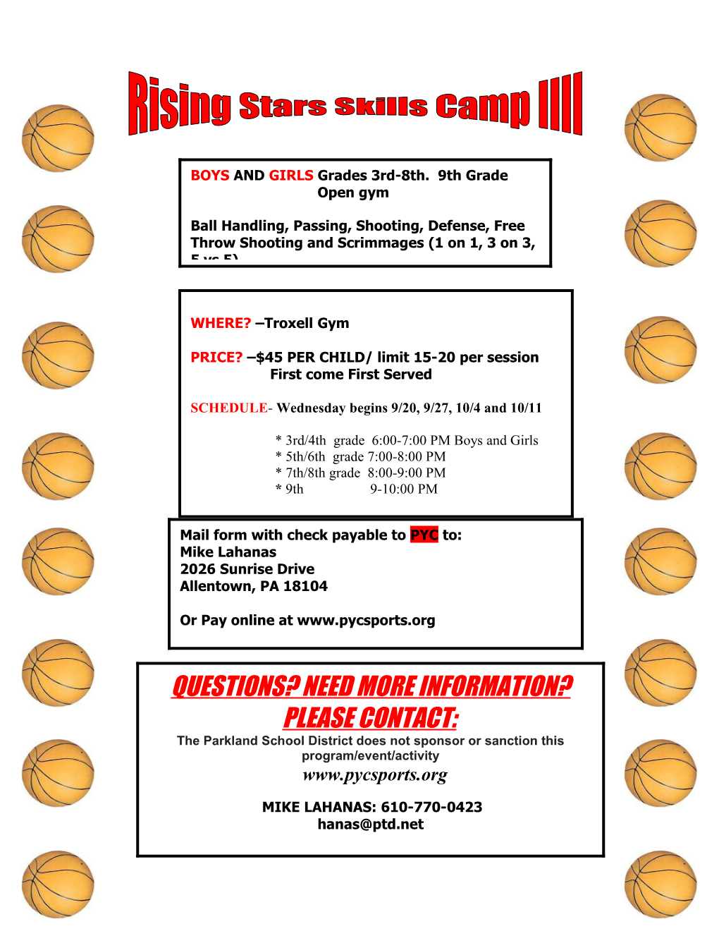 Parkland Youth Center Skills Registration Form