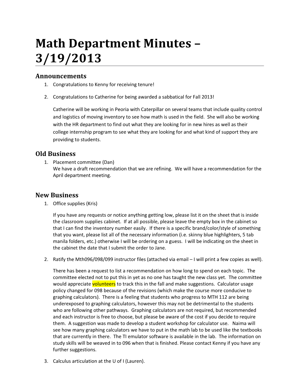Math Department Minutes 3/19/2013