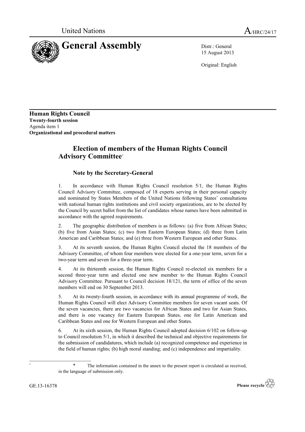 Election Of Members Of The Human Rights Council Advisory Committee In English