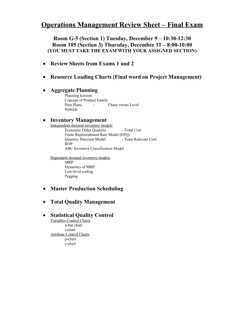 Operations Management Review Sheet – Final Exam
