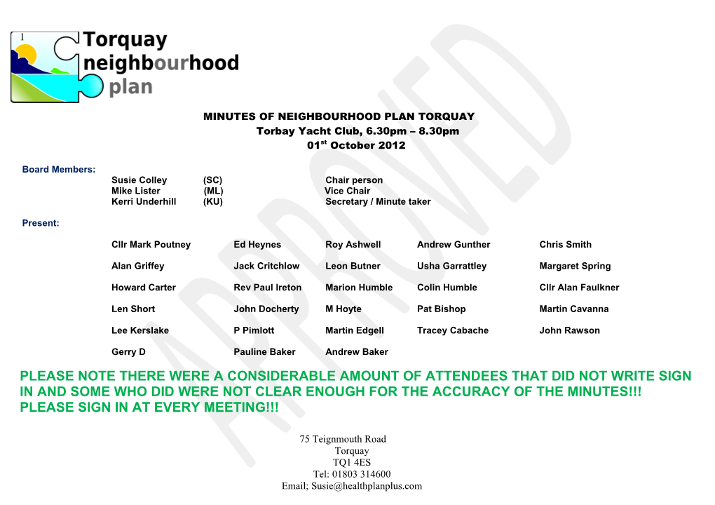 Minutes of Neighbourhood Plan Torquay