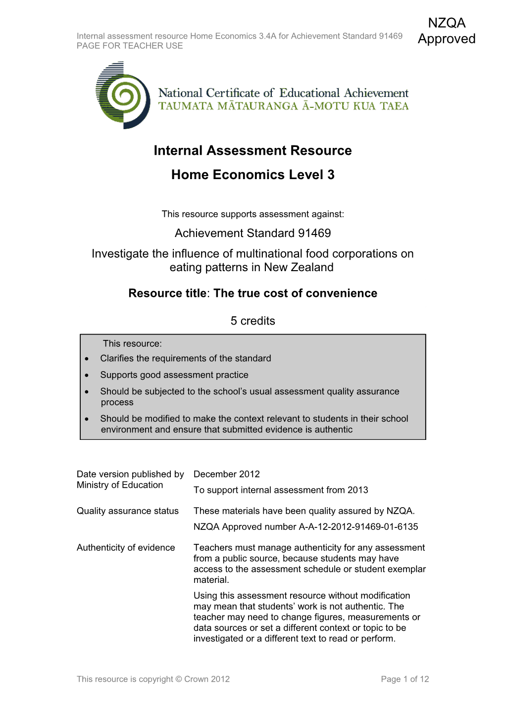 Level 3 Home Economics Internal Assessment Resource