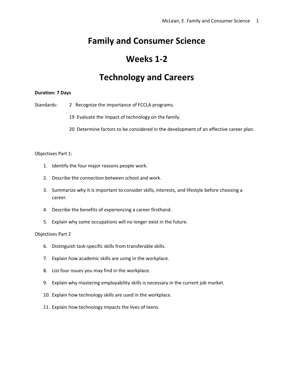 Mclean, E. Family and Consumer Science 1