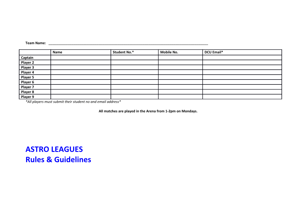 DCU Astro Leagues Team Registration Form