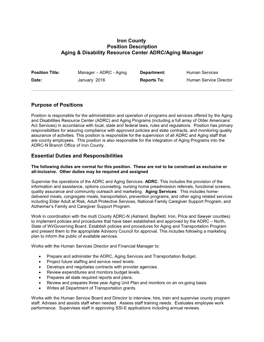 Aging & Disability Resource Center ADRC/Aging Manager