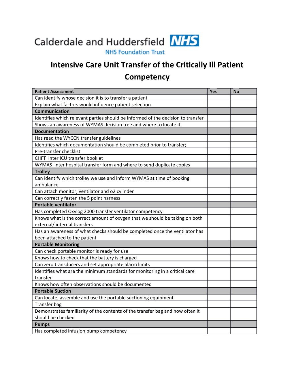 Intensive Care Unit Transfer of the Critically Ill Patient Competency