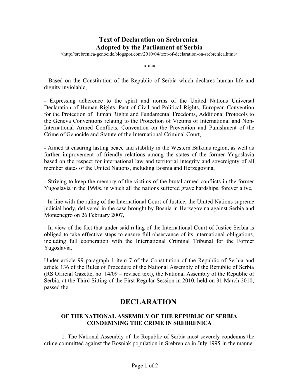 Text of Declaration on Srebrenica Adopted by the Parliament of Serbia &lt;