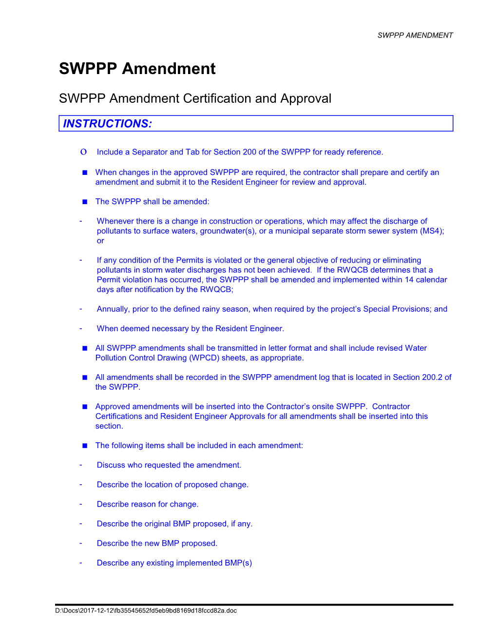 SWPPP Amendment Form